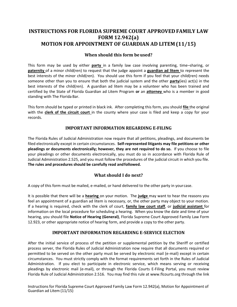 Form 12.942(A) Motion for Appointment of Guardian Ad Litem - Florida, Page 1