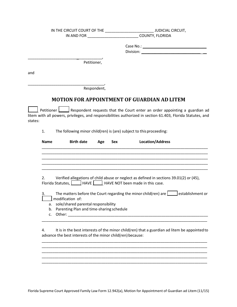 Form 12.942(A) Motion for Appointment of Guardian Ad Litem - Florida, Page 3