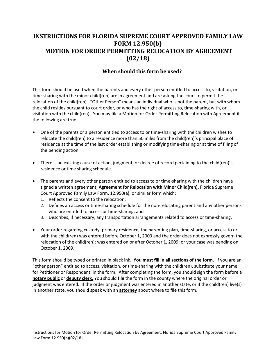 Form 12.950(B) Motion for Order Permitting Relocation by Agreement - Florida, Page 1