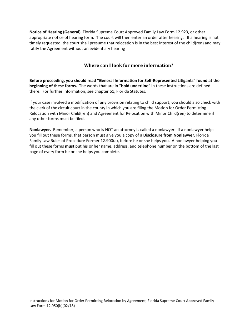 Form 12.950(B) Motion for Order Permitting Relocation by Agreement - Florida, Page 3