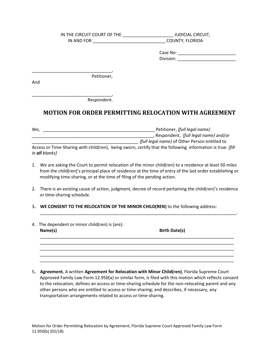 Form 12.950(B) Motion for Order Permitting Relocation by Agreement - Florida, Page 4