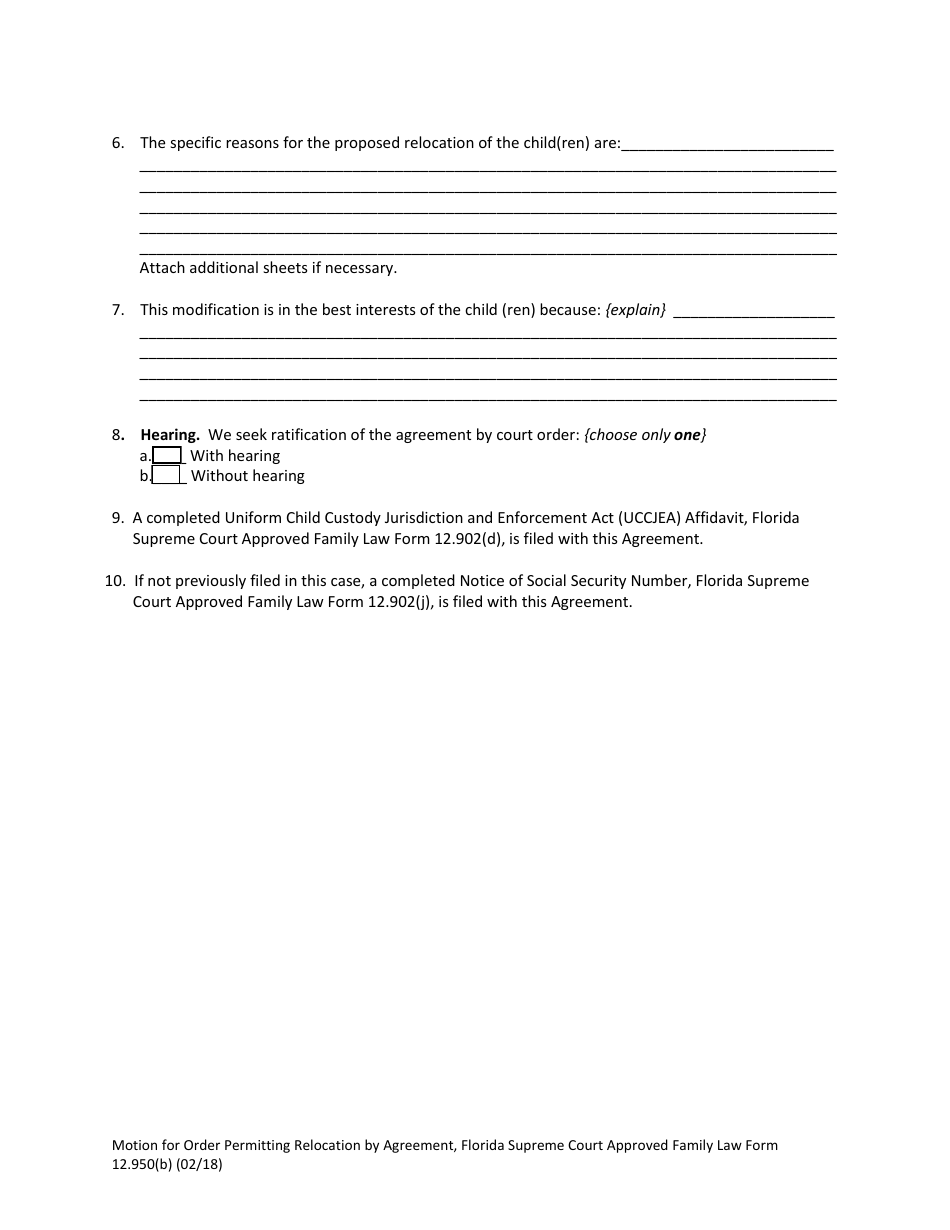 Form 12.950(B) Motion for Order Permitting Relocation by Agreement - Florida, Page 5