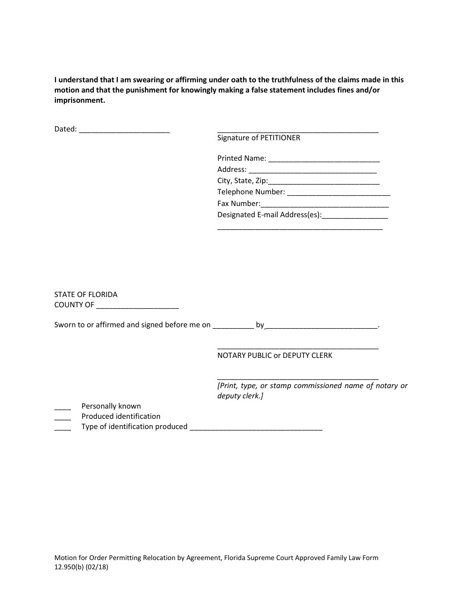 Form 12.950(B) Motion for Order Permitting Relocation by Agreement - Florida, Page 6
