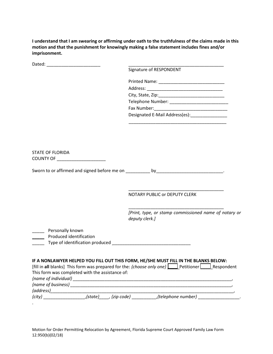 Form 12.950(B) Motion for Order Permitting Relocation by Agreement - Florida, Page 7