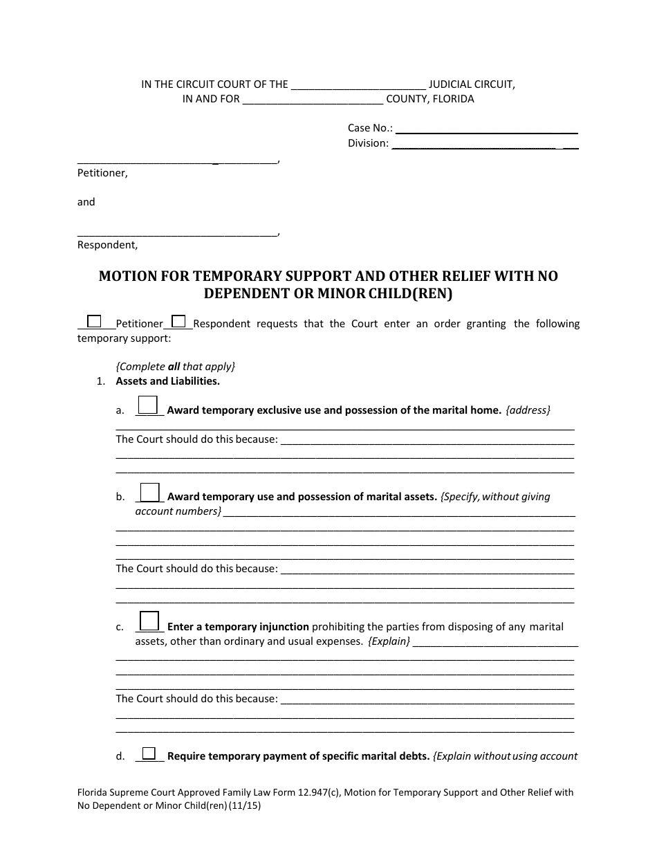 Form 12.947(C) Motion for Temporary Support and Other Relief With No Dependent or Minor Child(Ren) - Florida, Page 4