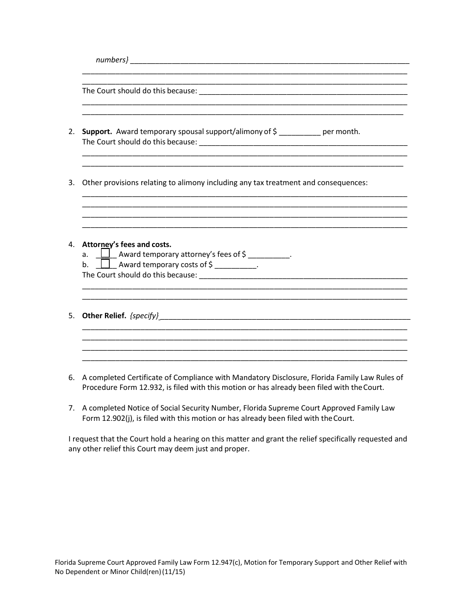 Form 12.947(C) Motion for Temporary Support and Other Relief With No Dependent or Minor Child(Ren) - Florida, Page 5