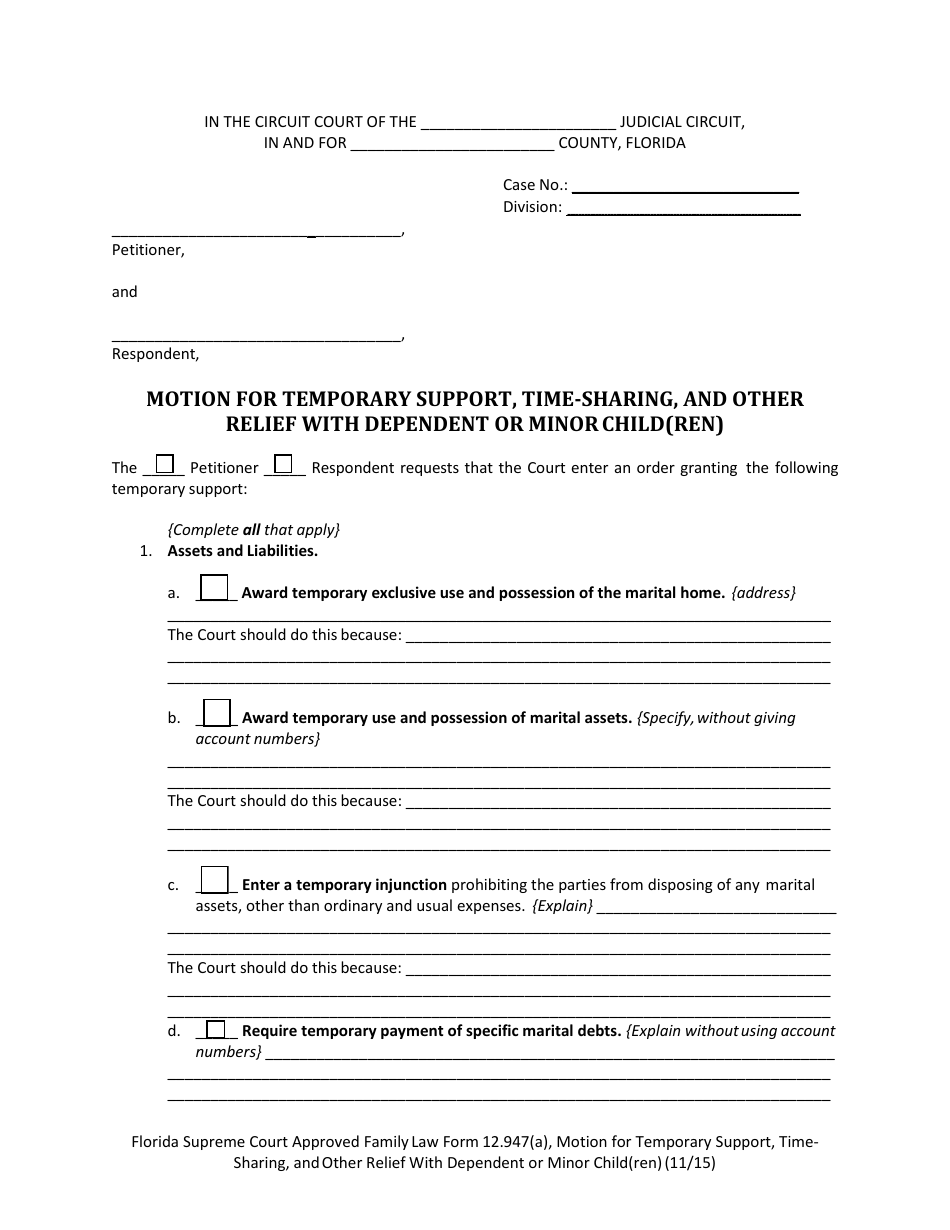 Form 12.947(A) Motion for Temporary Support, Time-Sharing, and Other Relief With Dependent or Minor Child(Ren) - Florida, Page 4