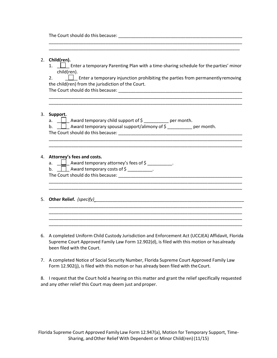 Form 12.947(A) Motion for Temporary Support, Time-Sharing, and Other Relief With Dependent or Minor Child(Ren) - Florida, Page 5