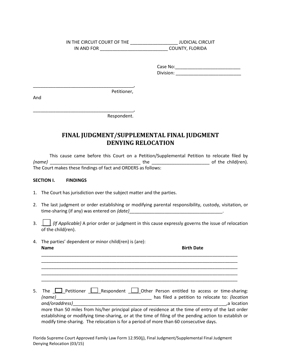 Form 12.950(J) Final Judgment / Supplemental Final Judgment Denying Relocation - Florida, Page 1