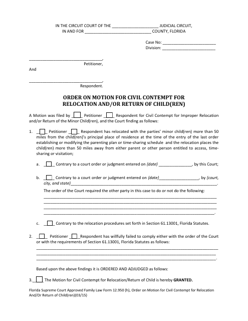 Form 12.950(H) Order on Motion for Civil Contempt for Relocation and/or Return of Child(Ren) - Florida