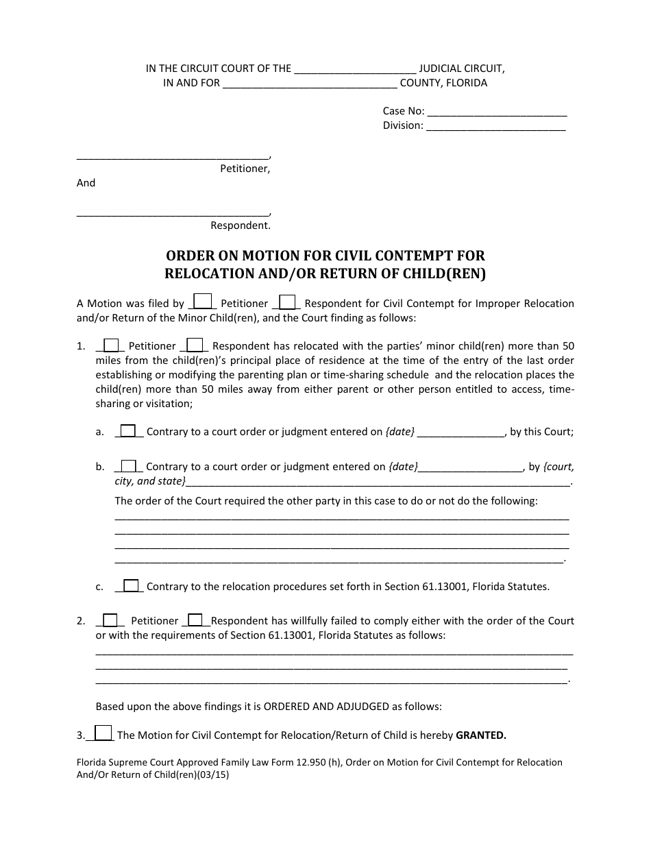 Form 12.950(H) Order on Motion for Civil Contempt for Relocation and / or Return of Child(Ren) - Florida, Page 1