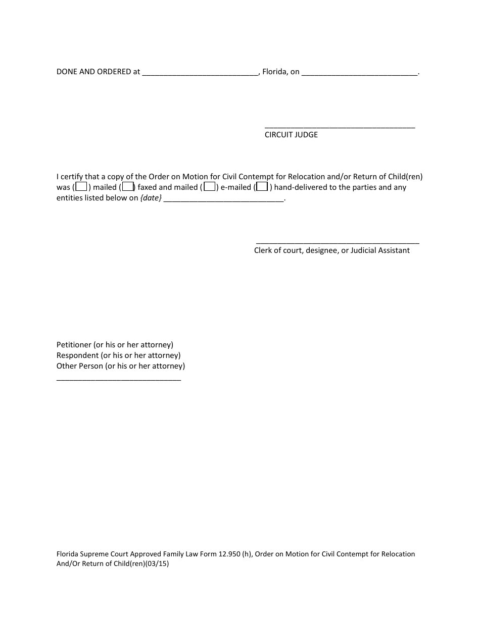 Form 12.950(H) Order on Motion for Civil Contempt for Relocation and / or Return of Child(Ren) - Florida, Page 3