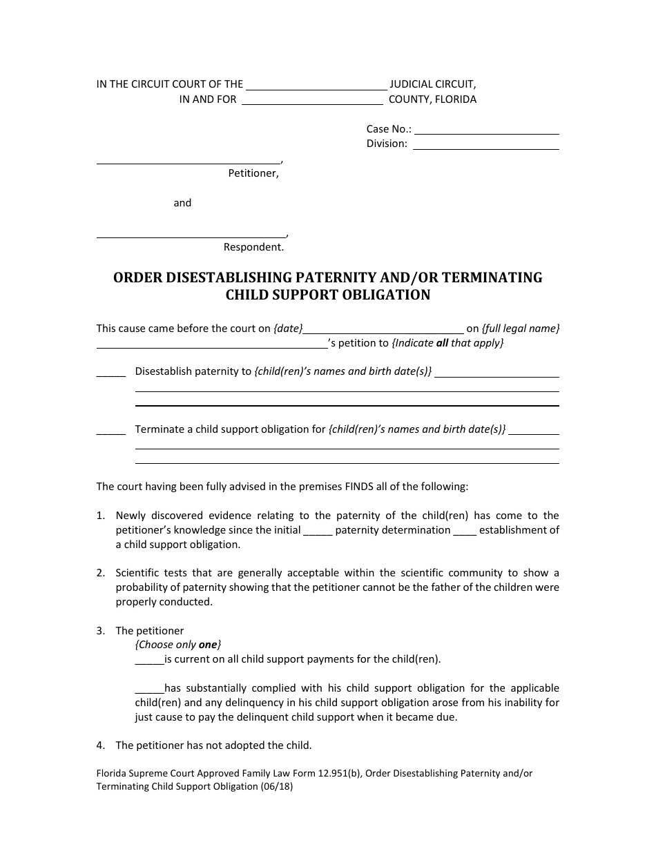 Form 12.951(B) Order Disestablishing Paternity and/or Terminating Child Support Obligation - Florida, Page 1
