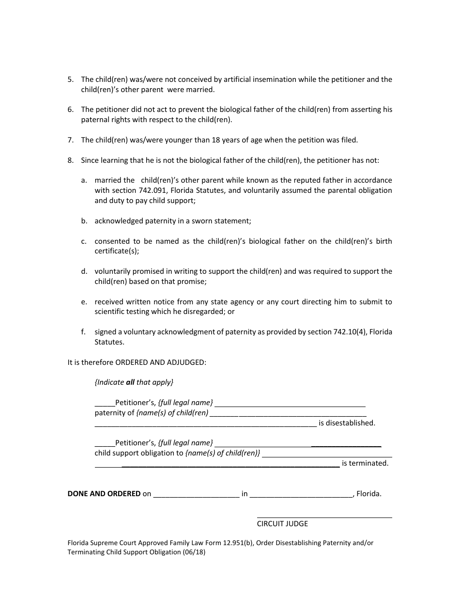 Form 12.951(B) Order Disestablishing Paternity and / or Terminating Child Support Obligation - Florida, Page 2