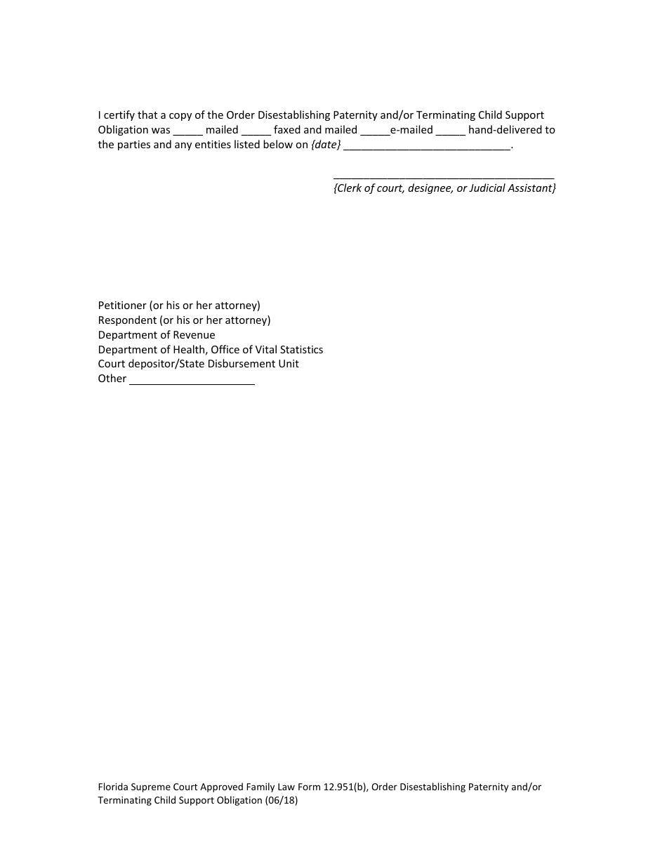 Form 12.951(B) Order Disestablishing Paternity and / or Terminating Child Support Obligation - Florida, Page 3