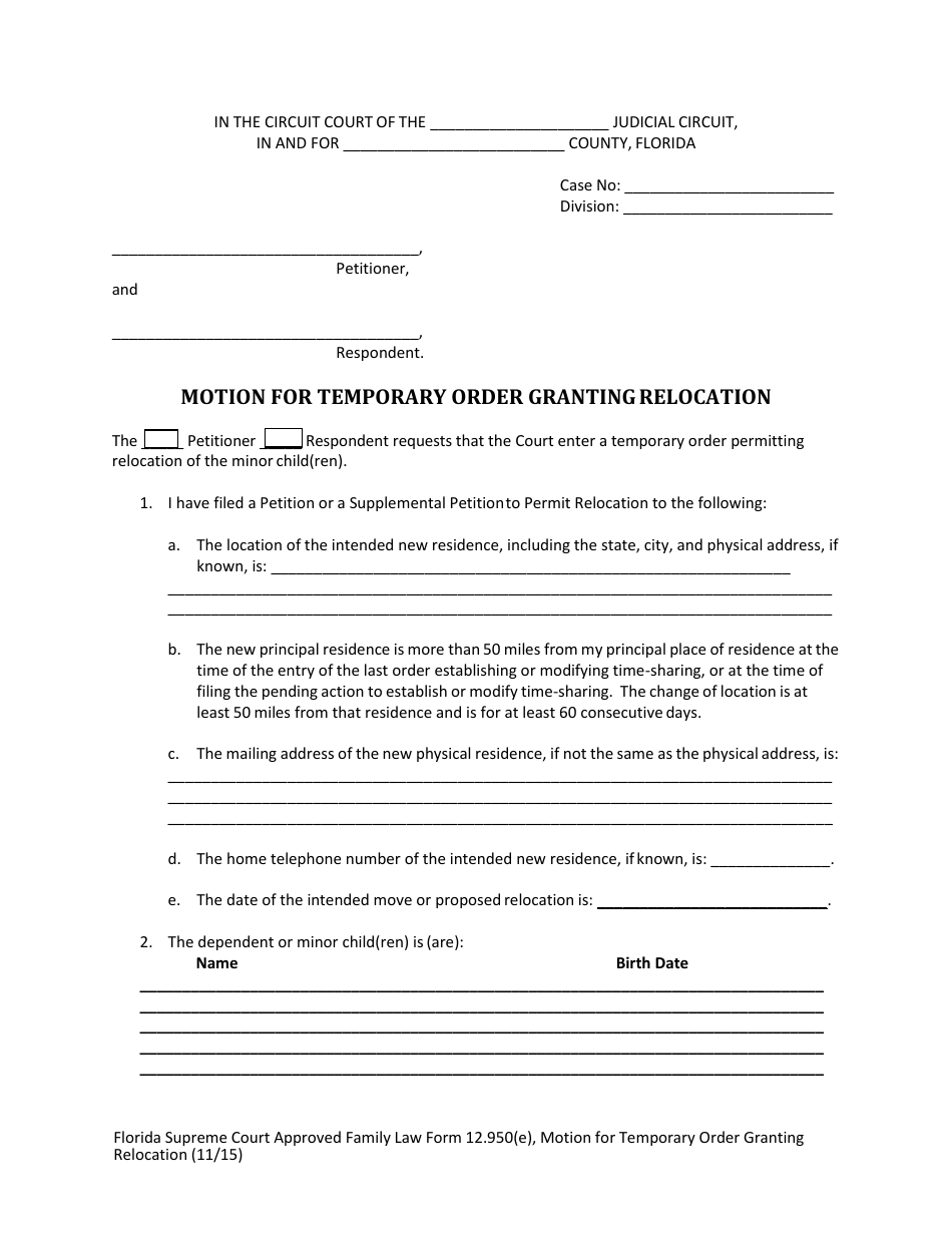 Form 12.950(E) Motion for Temporary Order Granting Relocation - Florida, Page 4