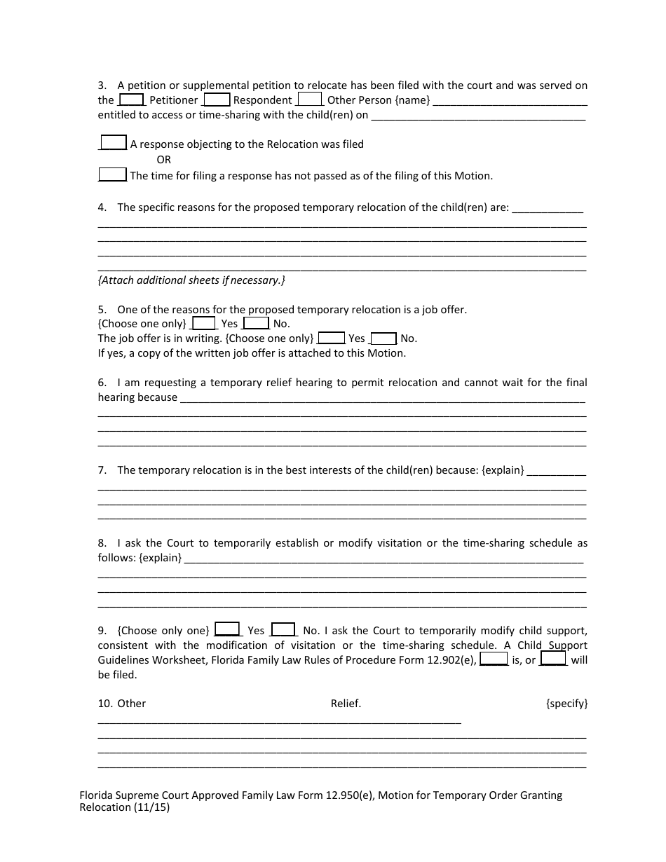 Form 12.950(E) Motion for Temporary Order Granting Relocation - Florida, Page 5
