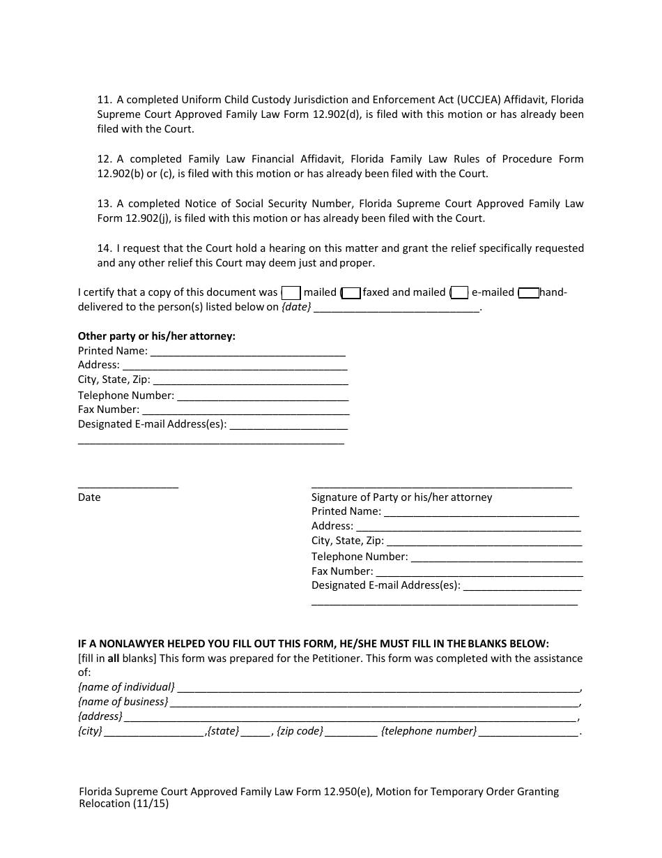 Form 12.950(E) Motion for Temporary Order Granting Relocation - Florida, Page 6