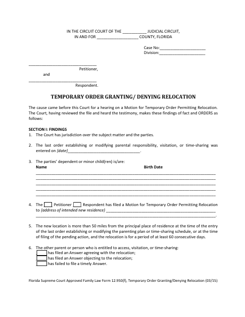 Form 12.950(F) Temporary Order Granting/ Denying Relocation - Florida
