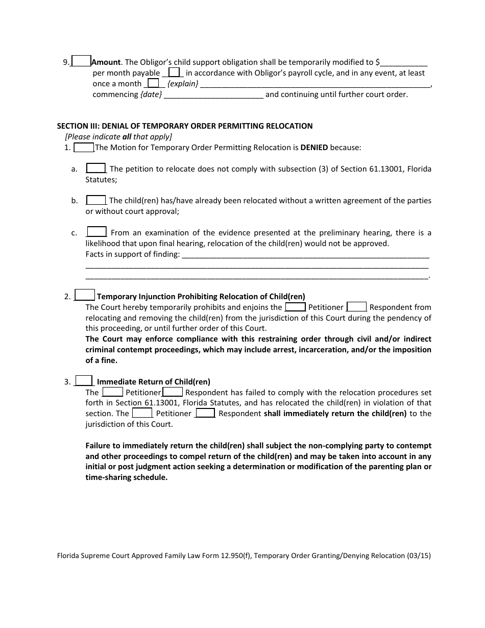 Form 12.950(F) Temporary Order Granting / Denying Relocation - Florida, Page 4