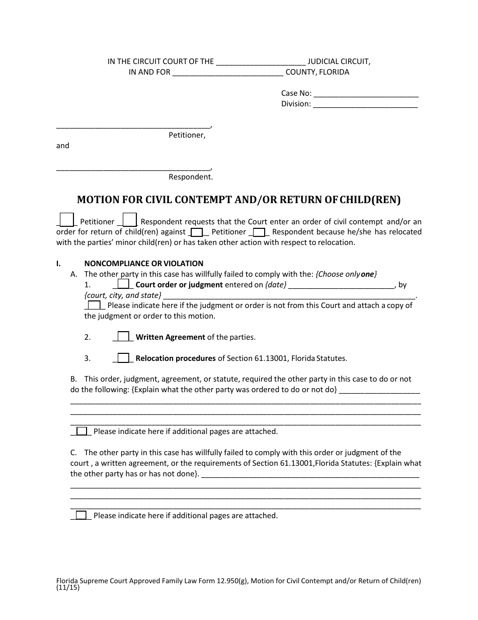 Form 12.950(G) Motion for Civil Contempt and / or Return of Child(Ren) - Florida, Page 3