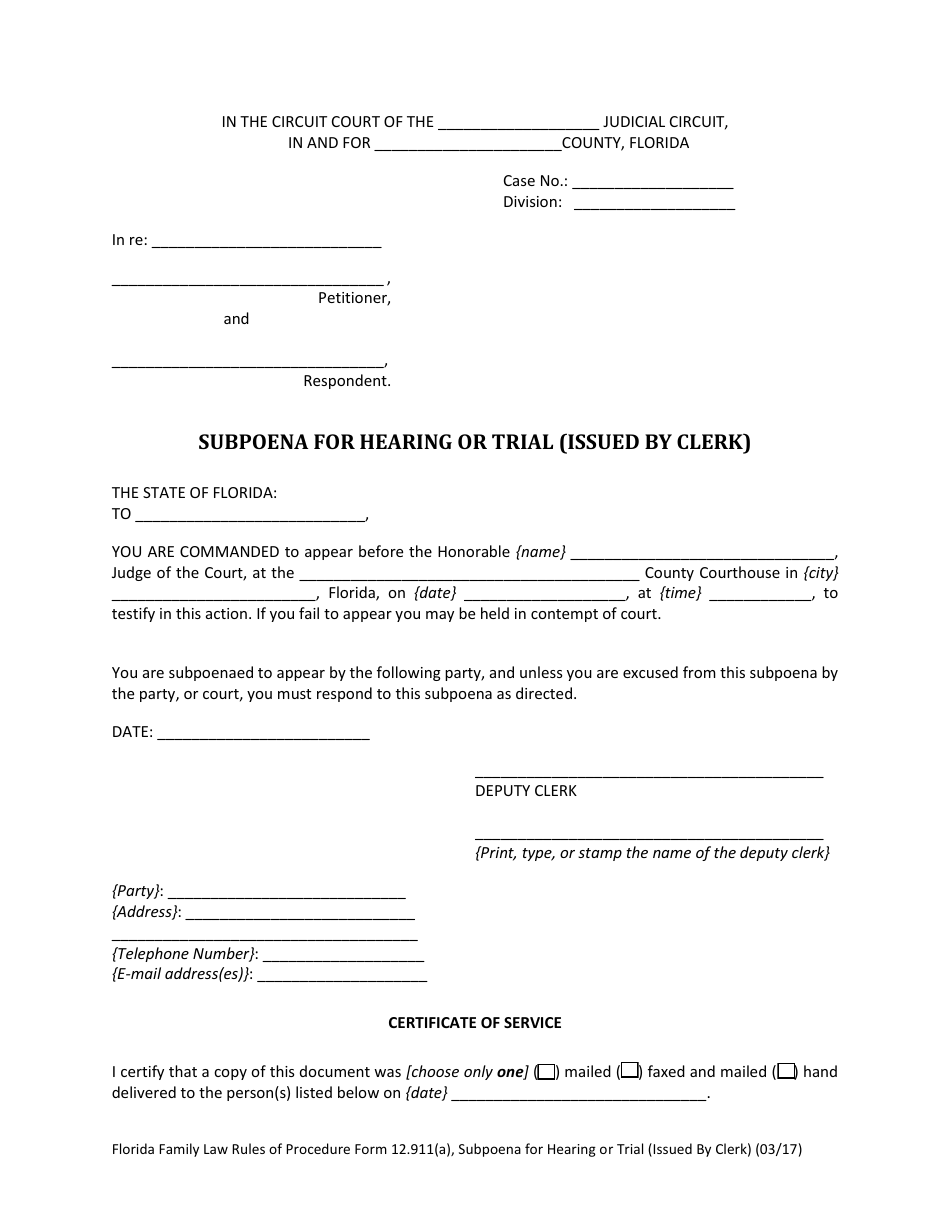 Form 12.911(A) Subpoena for Hearing or Trial (Issued by Clerk) - Florida, Page 2