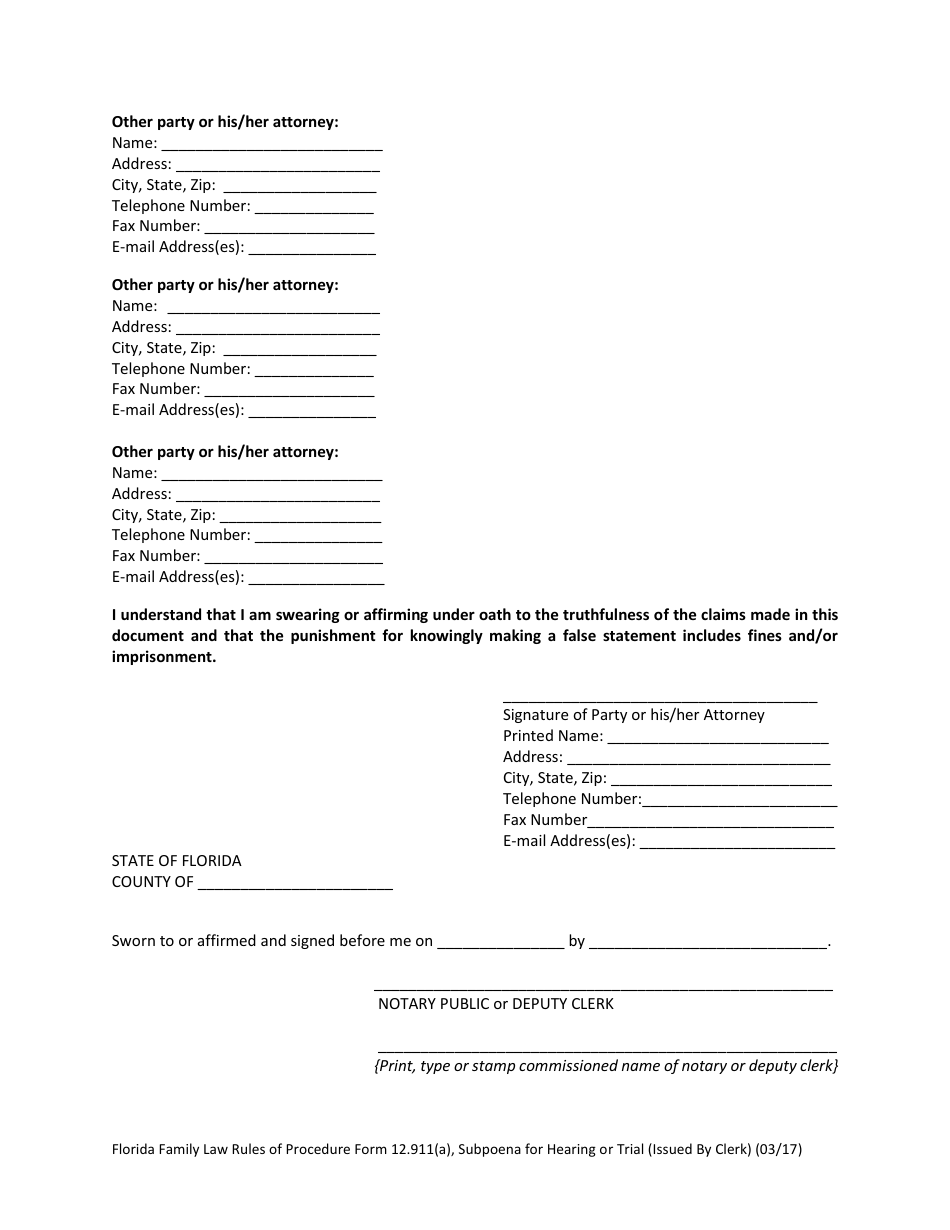 Form 12.911(A) Subpoena for Hearing or Trial (Issued by Clerk) - Florida, Page 3