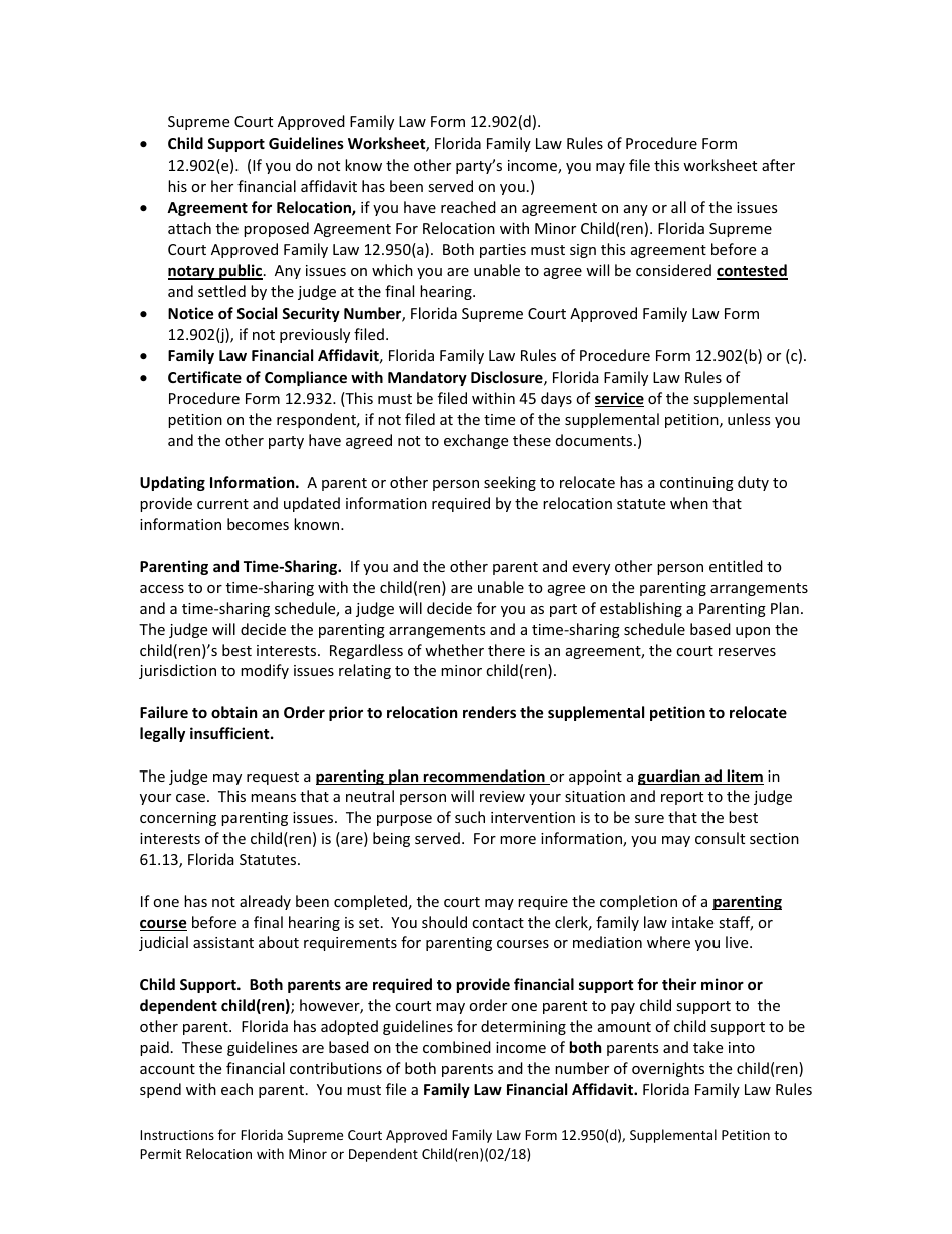 Form 12.950(D) Supplemental Petition to Permit Relocation With Minor Child(Ren) - Florida, Page 4