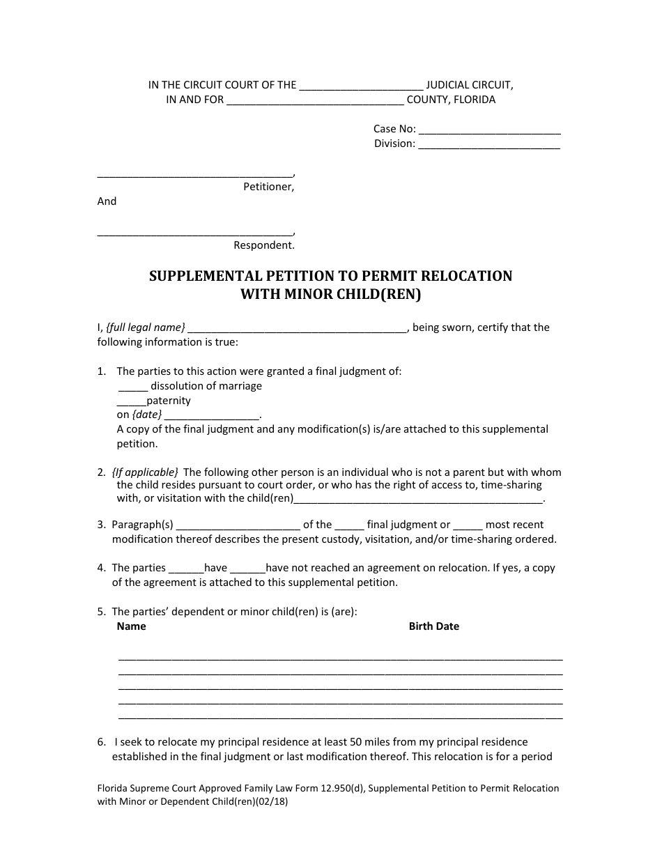 Form 12.950(D) Supplemental Petition to Permit Relocation With Minor Child(Ren) - Florida, Page 6