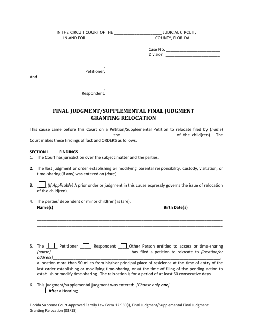 Form 12.950(I) Final Judgment/Supplemental Final Judgment Granting Relocation - Florida