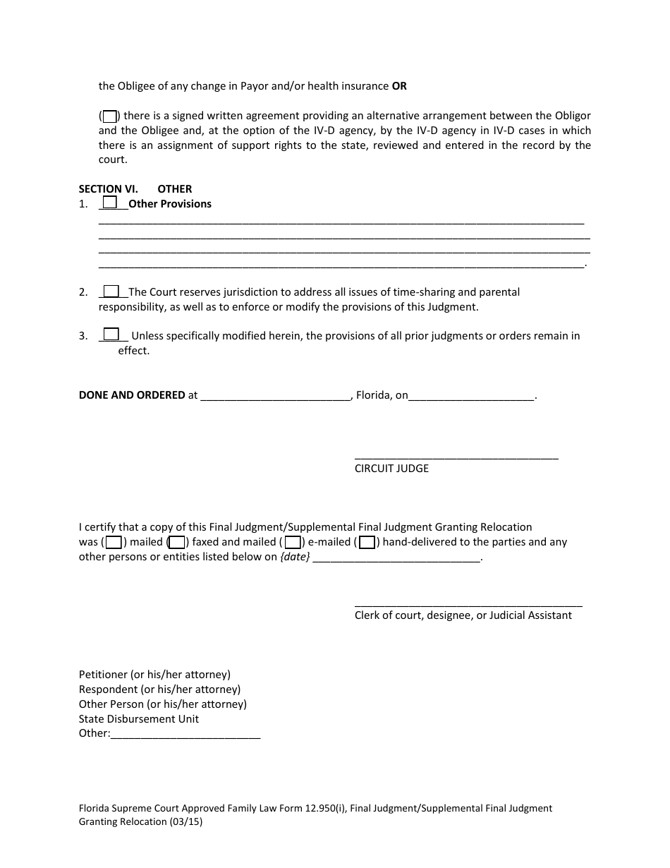 Form 12.950(I) Final Judgment / Supplemental Final Judgment Granting Relocation - Florida, Page 5