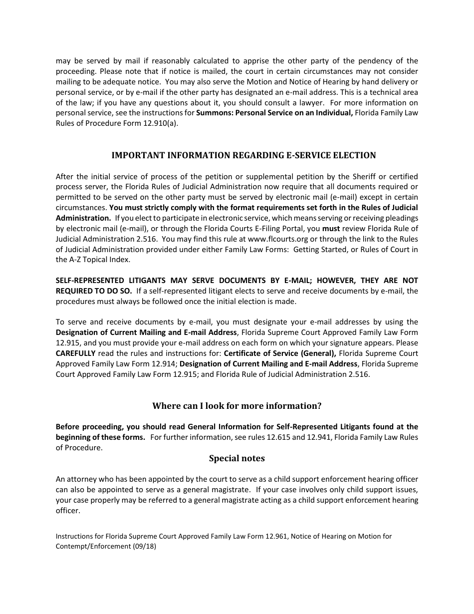 Form 12.961 Notice of Hearing on Motion for Contempt / Enforcement in Support Matters - Florida, Page 2