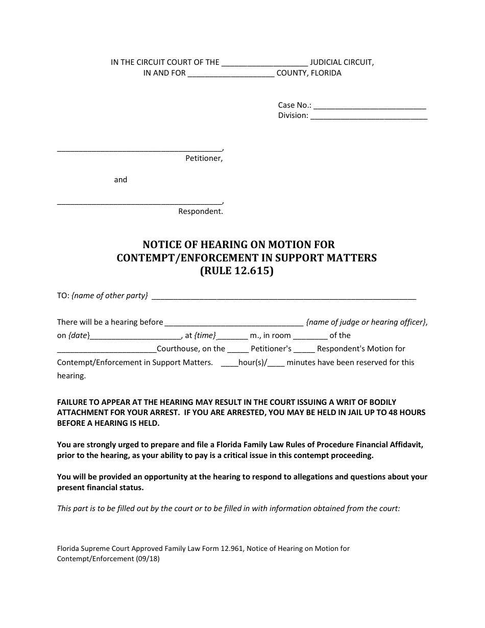 Form 12.961 Notice of Hearing on Motion for Contempt / Enforcement in Support Matters - Florida, Page 4
