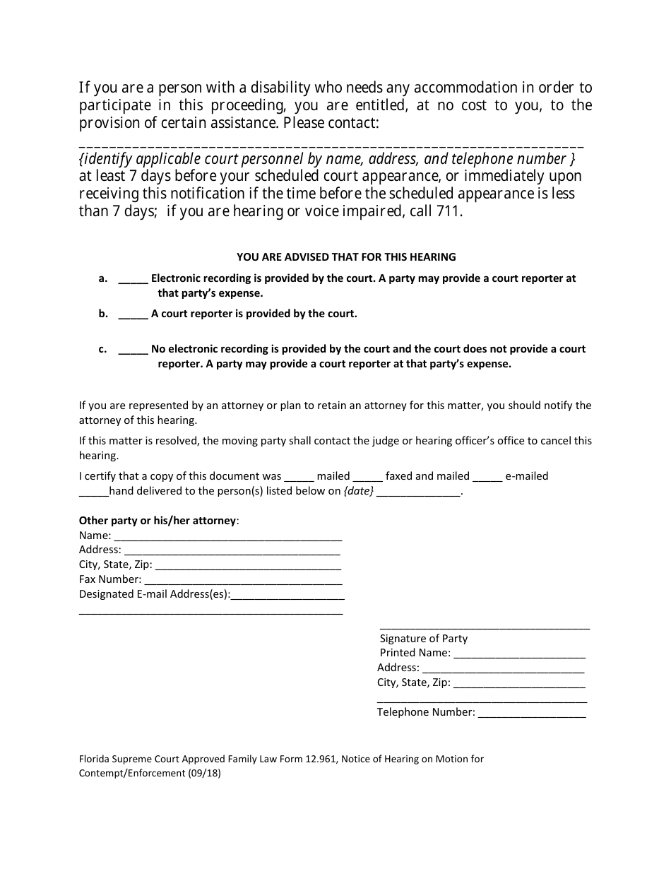 Form 12.961 Notice of Hearing on Motion for Contempt / Enforcement in Support Matters - Florida, Page 5