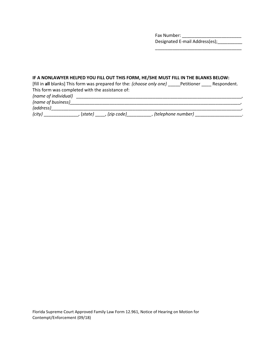 Form 12.961 Notice of Hearing on Motion for Contempt / Enforcement in Support Matters - Florida, Page 6