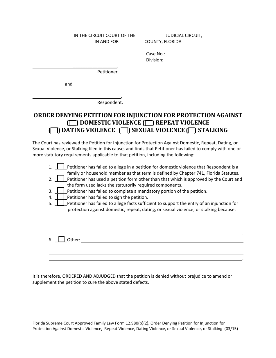 Form 12.980(B)(2) Order Denying Petition for Injunction for Protection Against Domestic Violence, Repeat Violence, Dating Violence, Sexual Violence, Stalking - Florida, Page 1