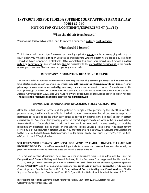 Form 12.960 Motion for Civil Contempt/Enforcement - Florida
