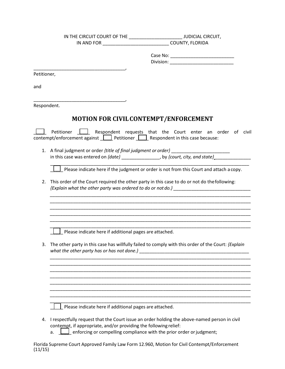 Form 12.960 Motion for Civil Contempt / Enforcement - Florida, Page 3
