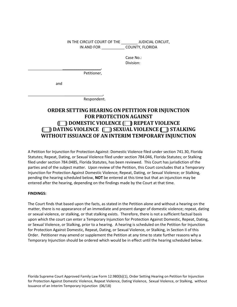 Form 12.980(B)(1) Order Setting Hearing on Petition for Injunction for Protection Against Domestic Violence, Repeat Violence, Dating Violence, Sexual Violence, Stalking Without Issuance of an Interim Temporary Injunction - Florida, Page 1