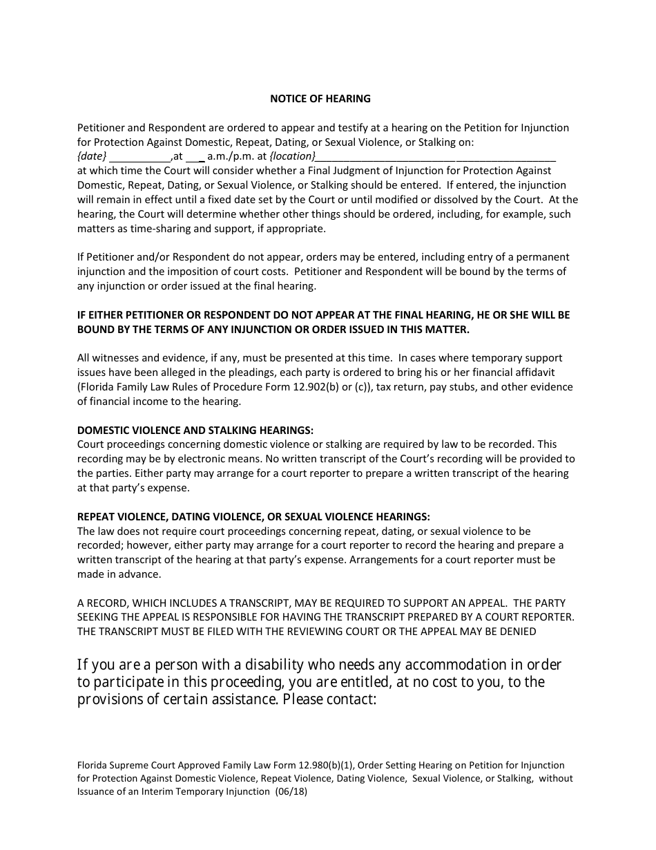 Form 12.980(B)(1) Order Setting Hearing on Petition for Injunction for Protection Against Domestic Violence, Repeat Violence, Dating Violence, Sexual Violence, Stalking Without Issuance of an Interim Temporary Injunction - Florida, Page 2