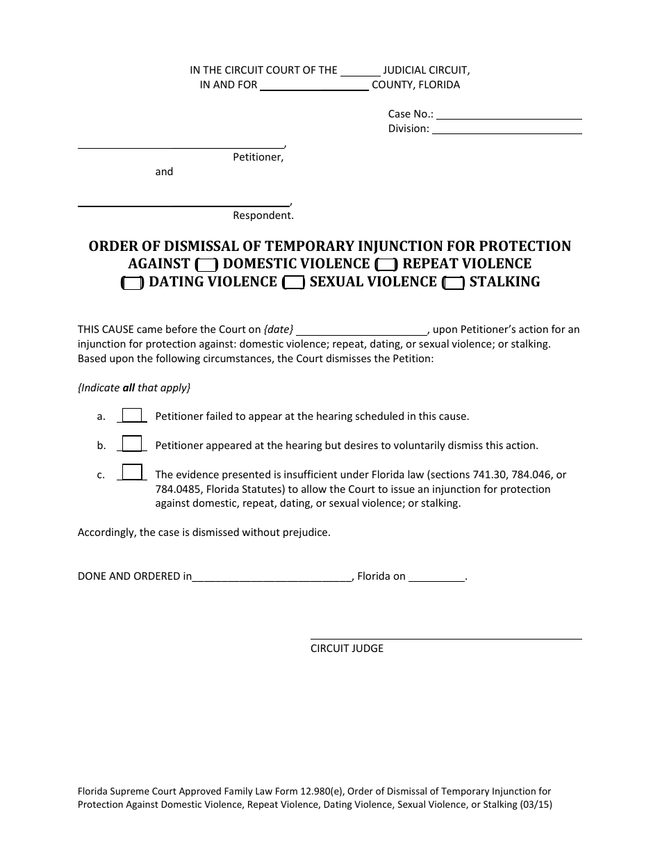 Form 12.980(E) Order of Dismissal of Temporary Injunction for Protection Against Domestic Violence, Repeat Violence, Dating Violence, Sexual Violence, Stalking - Florida, Page 1