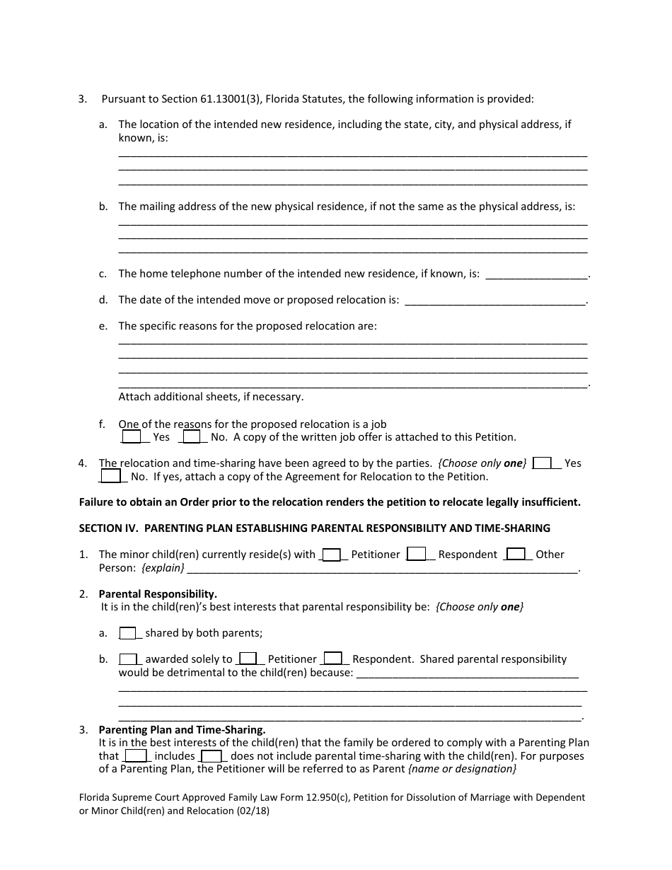 Form 12.950(C) Petition for Dissolution of Marriage With Dependent or Minor Child(Ren) and Relocation - Florida, Page 10