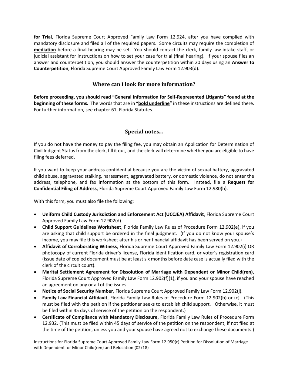 Form 12.950(C) Petition for Dissolution of Marriage With Dependent or Minor Child(Ren) and Relocation - Florida, Page 3