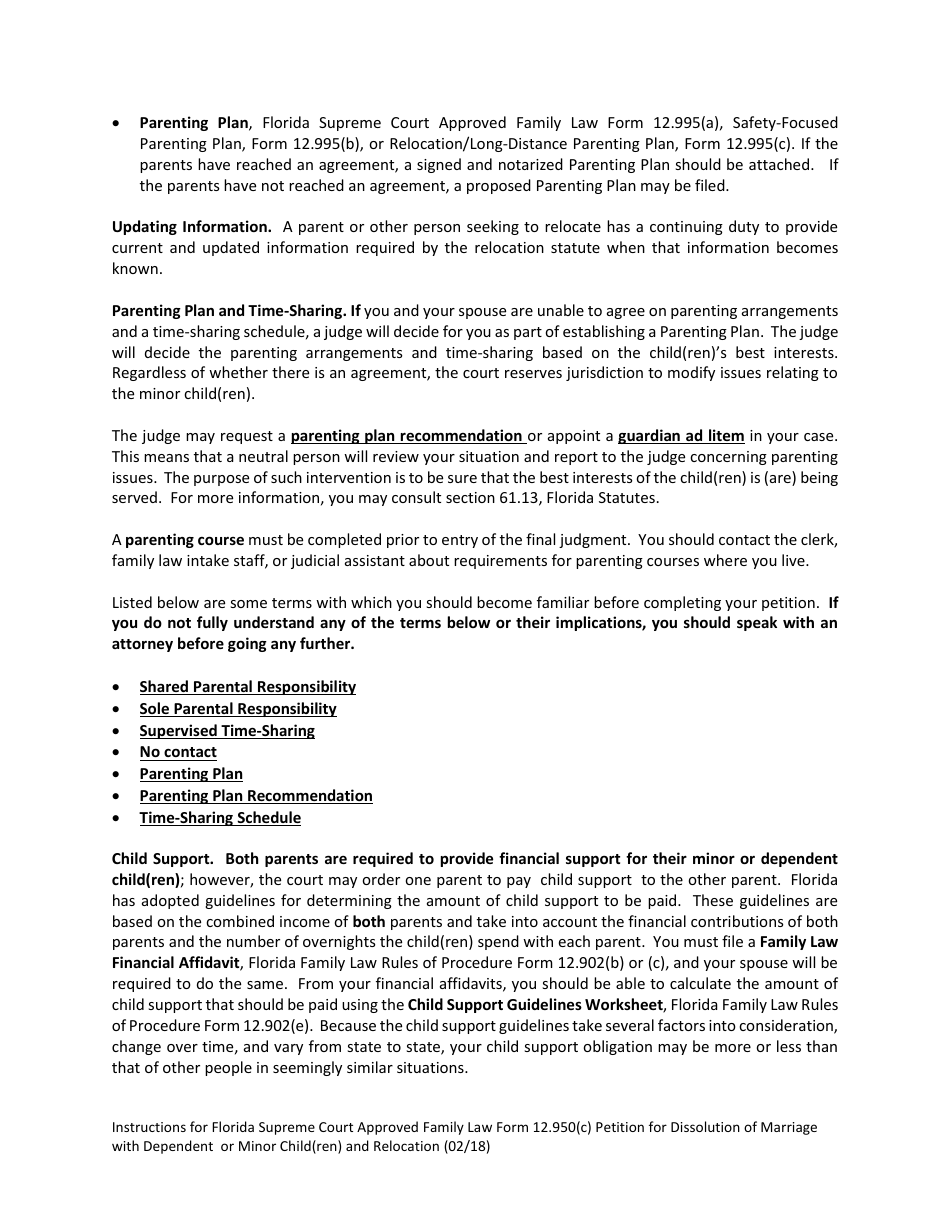 Form 12.950(C) Petition for Dissolution of Marriage With Dependent or Minor Child(Ren) and Relocation - Florida, Page 4