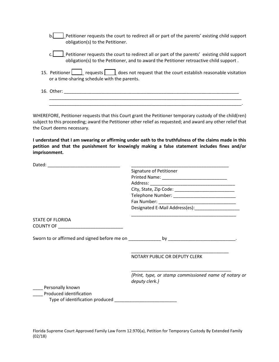 Form 12.970(A) Petition for Temporary Custody by Extended Family - Florida, Page 8