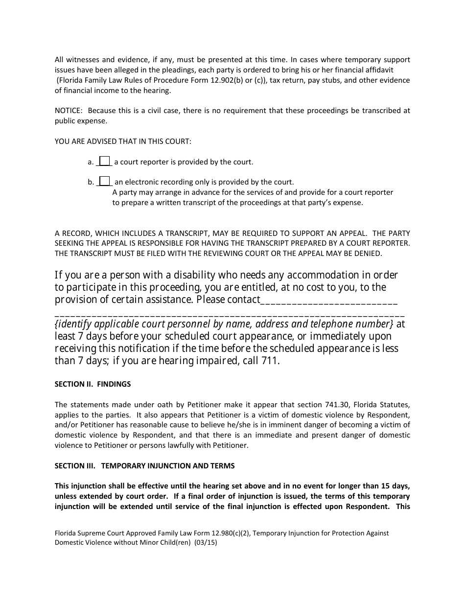 Form 12.980(C)(2) Temporary Injunction for Protection Against Domestic Violence Without Minor Child(Ren) - Florida, Page 2