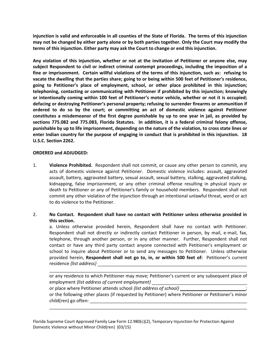 Form 12.980(C)(2) Temporary Injunction for Protection Against Domestic Violence Without Minor Child(Ren) - Florida, Page 3