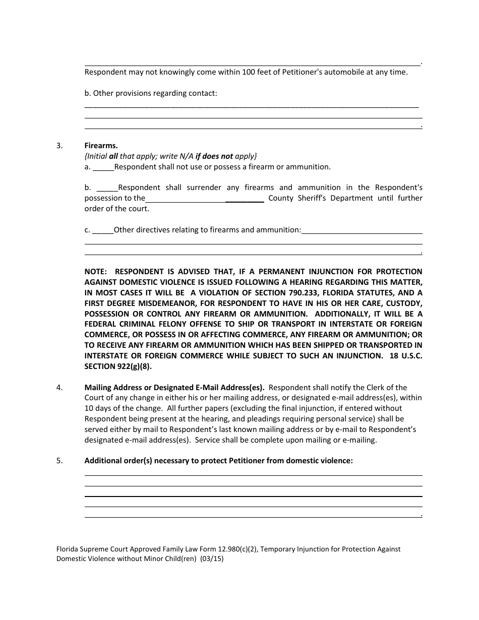 Form 12.980(C)(2) Temporary Injunction for Protection Against Domestic Violence Without Minor Child(Ren) - Florida, Page 4
