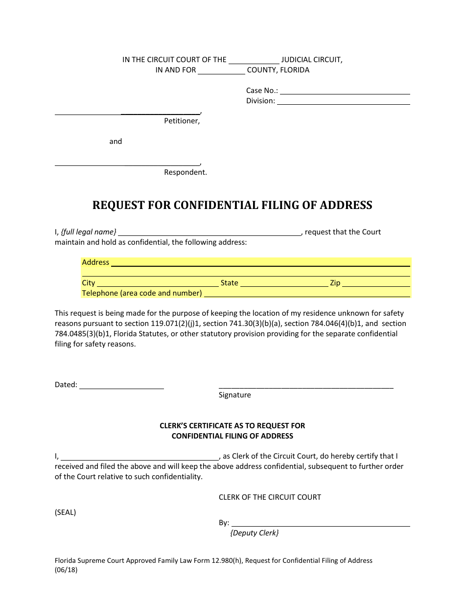 Form 12.980(H) Request for Confidential Filing of Address - Florida, Page 2