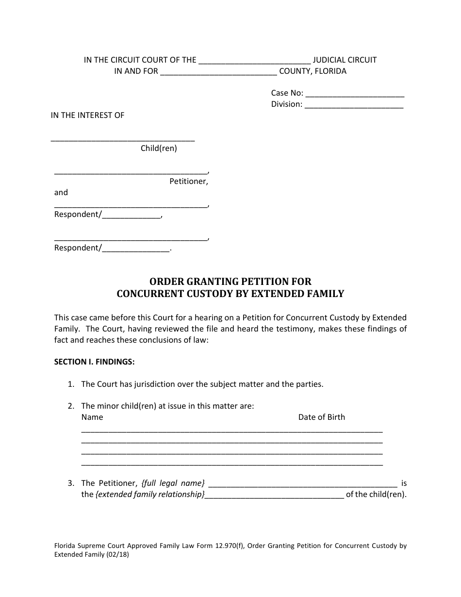 Form 12.970(F) Order Granting Petition for Concurrent Custody by Extended Family - Florida, Page 1